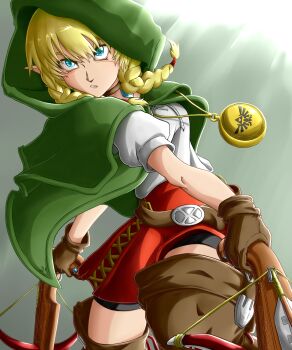 Rule 34 | 1girl, belt, black shorts, blonde hair, blue eyes, boots, bow (weapon), braid, braided sidelock, brown belt, brown boots, brown choker, brown gloves, capelet, choker, commentary, crossbow, dual wielding, dynamic pose, gloves, green background, highres, holding, holding crossbow, holding weapon, hood, hood up, hooded capelet, hyrule warriors, jewelry, kyonne, linkle, necklace, nintendo, orange skirt, pointy ears, shirt, shorts, skirt, spanish commentary, the legend of zelda, twin braids, weapon, white shirt