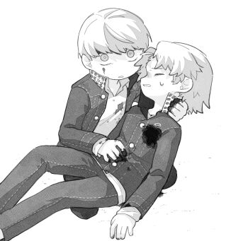 Rule 34 | 2boys, bad id, bad twitter id, blood, blood on clothes, blood on hands, closed eyes, collared shirt, greyscale, hanamura yousuke, hand on another's chest, hand on another's neck, injury, jacket, kkyagdoyo164972, long sleeves, looking at viewer, male focus, monochrome, multiple boys, narukami yu, open clothes, open jacket, pants, parted lips, persona, persona 4, school uniform, shirt, short hair, simple background, white background, yasogami school uniform