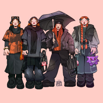 4girls albabg arm_warmers artist_self-insert bag bandana black_arm_warmers black_jacket black_pants black_scarf black_shirt boots braid braided_twintails closed_eyes earrings fashion full_body gen_1_pokemon gengar glasses handbag hat highres holding jacket jewelry kirby long_hair long_sleeves multiple_girls multiple_views nintendo original oversized_clothes oversized_shirt pants pokemon red_hair scarf shirt shoes short_sleeves simple_background skirt smile straight_hair street_snap twin_braids umbrella