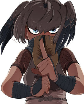 1girl bird_girl bird_wings blue_eyes fishnet_top fishnets gauntlets glowing glowing_eyes grey_hair grey_scarf grey_shirt hair_between_eyes head_wings high_collar highres kemono_friends kuji-in looking_at_viewer mcgunngu multicolored_hair ninja scarf shirt shoebill_(ex)_(kemono_friends) short_hair short_sleeves sidelocks solo t-shirt upper_body wings yellow_scarf