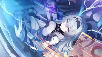 2girls absurdres bad_link bandaid bandaid_on_leg black_hairband black_shorts blue_eyes bodysuit breasts cable crack cracked_glass firefly_(ar-26710)_(honkai:_star_rail) firefly_(honkai:_star_rail) game_cg grey_hair hair_between_eyes hairband highres holographic_interface honkai:_star_rail honkai_(series) long_hair looking_at_viewer lying mecha_pilot_suit medium_breasts midriff multicolored_eyes multiple_girls official_art on_back out_of_frame parted_lips purple_eyes shorts silver_wolf_(honkai:_star_rail) two-tone_eyes white_bodysuit