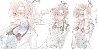 1boy aqua_eyes blonde_hair blue_necktie coat commentary fang gaozhouyong goggles goggles_around_neck hair_between_eyes half-closed_eye hand_in_own_hair highres identity_v index_finger_raised looking_at_viewer loose_hair_strand luca_balsa luca_balsa_(paranormal_detective) male_focus messy_hair multiple_views necktie official_alternate_costume single_hair_intake skin_fang sparkle symbol-only_commentary uneven_eyes white_coat