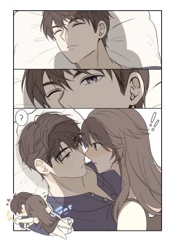 ! !! ? absurdres black_shirt blush brown_eyes brown_hair caleb_(love_and_deepspace) commentary couple girl_on_top hair_between_eyes hetero highres lnk_mhru long_hair looking_at_another love_and_deepspace on_bed one_eye_closed pillow protagonist_(love_and_deepspace) shirt short_hair spoken_question_mark sweatdrop symbol-only_commentary upper_body white_background