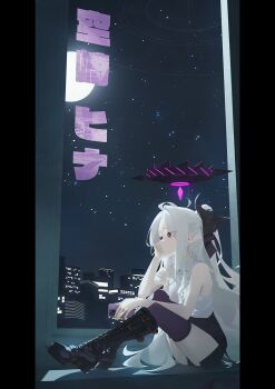 Rule 34 | 1girl, ahoge, black boots, black halo, black horns, black skirt, blue archive, boots, cellphone, collared shirt, commentary request, demon girl, demon horns, expressionless, frilled shirt, frills, fukaumi suichu, full body, halo, hand on own face, highres, hina (blue archive), holding, holding phone, horns, long hair, miniskirt, multiple horns, night, phone, pillarboxed, purple eyes, purple halo, purple thighhighs, shirt, shirt tucked in, sitting, skirt, smartphone, solo, star (sky), thighhighs, very long hair, white hair, white shirt, window