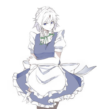 1girl apron blue_dress blue_eyes braid breasts closed_mouth commentary_request dress expressionless frills hand_on_own_arm highres holding holding_knife izayoi_sakuya kanaria_(bcomn) knife looking_at_viewer maid maid_apron maid_headdress medium_breasts pantyhose shirt short_sleeves solo touhou twin_braids white_hair white_shirt