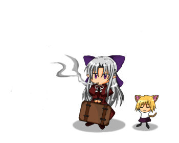 Rule 34 | 14120623, 2girls, :3, animal ears, arms behind head, blonde hair, bow, cat ears, cat girl, cat tail, chibi, cigarette, dress, full body, half updo, holding, long hair, long sleeves, m.u.g.e.n, melty blood, multiple girls, neco-arc, neco spirit, pointy ears, purple eyes, red dress, red len, short hair, simple background, skirt, smile, smoke, smoking, suitcase, sweater, tail, tsukihime, very long hair, white background, white hair