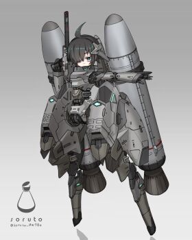 1girl absurdres ahoge armor black_hair blue_eyes commentary_request full_body gradient_background grey_background gun hair_over_one_eye highres holding holding_gun holding_weapon joints looking_at_viewer mecha_musume original robot_joints science_fiction short_hair smile solo soruto_0w98e thrusters weapon