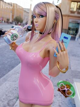 1girl 3d absurdres alien bimbofication black_eyeliner black_streaks blonde_hair blue_eyes blue_eyeshadow bracelet breasts bubble_tea cellphone cleavage corruption day dress earrings eyeliner eyeshadow gradient_hair gyaru highres jewelry kraid long_hair looking_at_viewer makeup metroid metroid_(creature) metroid_larva mole mole_under_mouth multicolored_hair nautilic nintendo outdoors phone pink_dress pink_lips pink_nails pink_streaks ponytail rome_(city) samus_aran santa_maria_in_trastevere smartphone solo st._peter's_basilica starbucks streaked_hair sunglasses tan tanline
