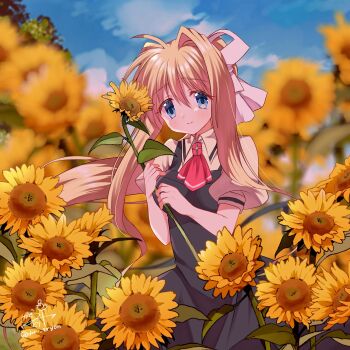 Rule 34 | 1girl, air (visual novel), ascot, black dress, blonde hair, blue eyes, blurry, blurry background, blush, closed mouth, dress, field, flower, flower field, hair between eyes, hair ribbon, highres, holding, holding flower, kamio misuzu, kazemidori, long hair, looking at viewer, ponytail, puffy short sleeves, puffy sleeves, red ascot, ribbon, school uniform, short sleeves, sidelocks, single hair intake, smile, solo, sunflower, sunflower field, very long hair, white ribbon