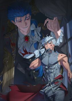 2boys archer_(fate) archer_alter_(fate) ascot bare_shoulders blood blood_on_face blue_hair braid braided_ponytail brooch cu_chulainn_(caster)_(fate) cu_chulainn_(celebratory_attire)_(fate) cu_chulainn_(fate) dark-skinned_male dark_skin earrings fangs fate/grand_order fate_(series) fingernails gloves hair_over_shoulder hair_ribbon heterochromia highres jewelry long_fingernails long_hair long_sleeves male_focus multiple_boys open_mouth red_eyes ribbon sharp_fingernails shirt short_hair single_braid sleeveless sleeveless_shirt smile toned toned_male torn_clothes vampire waist_cape white_ascot white_hair yag123gwa yellow_eyes