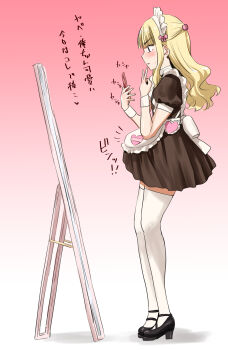 1boy apron back_bow black_shoes block_heels blonde_hair blunt_bangs blush bow brown_dress brown_eyes bulge cellphone crossdressing crossdressing_(mtf) dress erection erection_under_clothes frilled_apron frilled_headwear frills full-length_mirror furrowed_brow hair_ornament hairclip half_updo hands_up heart highres holding holding_phone legs_together long_hair long_sidelocks looking_at_mirror maid maid_apron maid_headdress makeup male_focus minase_(takaoka_nanase) mirror notice_lines original parted_lips phone pink_bow puffy_sleeves ribbon-trimmed_headwear ribbon_trim shoes short_dress short_sleeves sidelocks simple_background smartphone solo sound_effects standing sweatdrop thighhighs thighs translated trap v variant_set wavy_hair white_apron white_thighhighs white_wrist_cuffs wrist_cuffs zettai_ryouiki