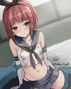 1boy 1girl black_neckerchief blue_skirt blunt_bangs blush brown_hair closed_mouth cosplay crop_top eckert&amp;eich elbow_gloves empty_eyes gloves hairband highleg highleg_panties highres kantai_collection looking_at_viewer midriff neckerchief panties pleated_skirt red_eyes sailor_collar shimakaze_(kancolle) shimakaze_(kancolle)_(cosplay) short_hair silhouette skirt solo_focus thigh_grab thighhighs twitter_username underwear white_gloves z3_max_schultz_(kancolle)