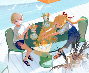 2girls absurdres bag belt bird black_belt blonde_hair blue_dress blue_shorts blunt_bangs cake cake_slice chair closed_eyes commentary_request cup dress drinking_glass food frilled_sleeves frills fruit hair_between_eyes hair_ornament hair_ribbon hairclip high_heels highres hololive hololive_dev_is ice_cream jinaka_(bagel7458) leaning_on_table lemon lemon_slice lime_(fruit) lime_slice long_hair multicolored_hair multiple_girls ocean open_mouth otonose_kanade outdoors parted_lips pinafore_dress plant ponytail potted_plant pudding purple_eyes purple_streaks red_ribbon ribbon sandals scenery shade shirt shopping_bag short_hair short_sleeves short_twintails shorts sitting sleeveless sleeveless_dress streaked_hair t-shirt table todoroki_hajime twintails virtual_youtuber water white_shirt