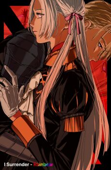 Rule 34 | 1boy, 1girl, amikoiiko, armor, ascot, black background, black hair, blonde hair, blue eyes, closed mouth, collar, collared shirt, dimitri alexandre blaiddyd, edelgard von hresvelg, english text, fire emblem, fire emblem: three houses, fringe trim, garreg mach monastery uniform, gauntlets, gloves, group name, hair ribbon, hand on another's arm, hand on another's waist, highres, hug, long hair, long sleeves, looking down, nintendo, pink lips, profile, puff and slash sleeves, puffy sleeves, purple eyes, purple ribbon, rainbow (band), rainbow text, red background, red collar, ribbon, shirt, short hair, shoulder armor, shoulder boards, song name, upper body, white ascot, white gloves, white hair, yellow collar, zig-zag pattern, zoom layer