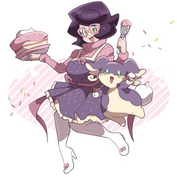 1girl :d alternate_color apron audino big_hair blush blush_stickers boots bow breasts cake commentary cupcake diagonal-striped_background english_commentary eyelashes food footwear_bow frilled_apron frills gen_5_pokemon glasses green_eyes hands_up heart high_heel_boots high_heels highres holding holding_food holding_tray holding_whisk large_breasts long_sleeves looking_at_viewer loveycloud mature_female nintendo open_mouth pink-framed_eyewear pink_background pink_bow pink_sash pink_sweater pokemon pokemon_(creature) pokemon_sm purple_apron purple_hair ribbed_sweater sash shiny_pokemon smile sprinkles striped_background striped_bow sweater thigh_boots tray turtleneck turtleneck_sweater whisk white_background white_boots wicke_(pokemon)