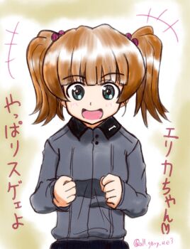 Rule 34 | 1girl, black hat, black jacket, black skirt, blue eyes, brown hair, garrison cap, girls und panzer, girls und panzer phase erika, grey shirt, haiiro purin, hair tie, hat, jacket, kuromorimine military uniform, kuromorimine school uniform, long hair, miniskirt, orange hair, red skirt, rou leila, school uniform, shirt, skirt, twintails