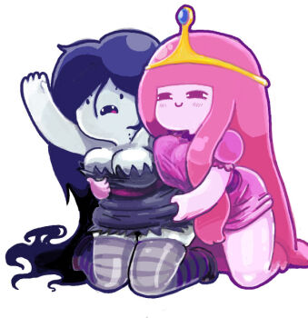 2girls adventure_time black_dress black_eyes black_hair blush breasts brown_shoes cartoon_network cleavage colored_skin dress fangs grabbing_another's_stomach grey_skin grey_thighhighs kneeling large_breasts long_hair marceline_abadeer multiple_girls open_mouth pink_dress pink_eyes pink_hair pink_skin pink_socks plump poking princess princess_bonnibel_bubblegum puffy_sleeves shoes short_sleeves smile socks strapless strapless_dress striped_clothes striped_thighhighs sukaponta surprised thighhighs tiara vampire white_background yuri