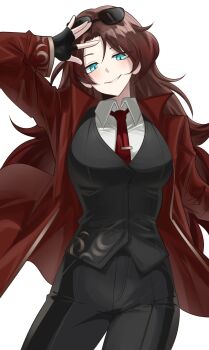 1girl aqua_eyes arm_up breasts collared_shirt cowboy_shot eyewear_on_head highres librarian_(project_moon) library_of_ruina long_hair looking_at_viewer medium_breasts necktie nugget_(project_moon) parted_bangs parted_lips project_moon red_hair red_necktie shirt simple_background smile solo sunglasses vvernerluniq white_background white_shirt