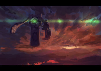 1girl bad_id bad_pixiv_id cloud cloudy_sky female_focus floating glowing ishidah kamisama_dolls kukuri_(kamisama_dolls) letterboxed light_rays mountain outdoors red_sky sky solo sunset