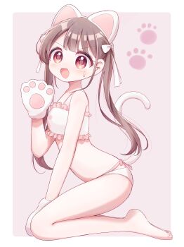 1girl :d @_@ absurdres animal_ears animal_hands barefoot blush border bow bra brown_hair cat_ears cat_girl cat_tail commentary frilled_bra frills from_side full_body gloves hair_bow haruiroha highres long_hair looking_at_viewer open_mouth original outside_border panties paw_gloves paw_print pink_background pink_bra pink_panties red_eyes seiza simple_background sitting smile solo sweatdrop symbol-only_commentary tail twintails underwear underwear_only white_border white_bow