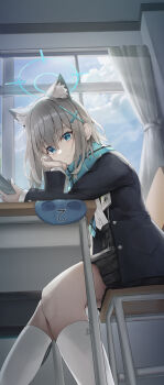 1girl absurdres animal_ear_fluff animal_ears black_jacket blue_archive blue_eyes blue_halo blue_sky chair chinese_commentary classroom cloud commentary_request curtains desk from_below grey_hair halo head_rest highres holding holding_phone indoors jacket long_sleeves looking_at_viewer on_chair phone pleated_skirt school_chair school_desk shiroko_(blue_archive) sitting skirt sky socks solo user_purg4332 white_socks window wolf_ears