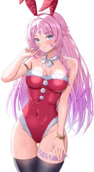 1girl absurdres alternate_costume animal_ear_hairband animal_ears bare_shoulders black_thighhighs blue_eyes blush braid breasts citlali_(genshin_impact) closed_mouth collarbone dokimaru facial_mark fake_animal_ears fingernails forehead_mark fur-trimmed_leotard fur_trim genshin_impact hairband hand_up highres leotard long_hair looking_at_viewer medium_breasts multicolored_hair pink_hair playboy_bunny purple_hair rabbit_ears red_hairband red_leotard simple_background solo strapless strapless_leotard thigh_gap thighhighs very_long_hair white_background