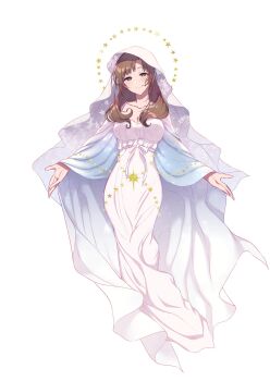 Rule 34 | 1girl, breasts, bright pupils, brown hair, cleavage, dress, female focus, full body, halo, highres, large breasts, long hair, mature female, oosuki mamako, open hand, open hands, outstretched arms, pochi (pochi-goya), purple eyes, robe, simple background, smile, solo, spread arms, star (symbol), tsuujou kougeki ga zentai kougeki de ni-kai kougeki no okaasan wa suki desu ka?, white background, white dress