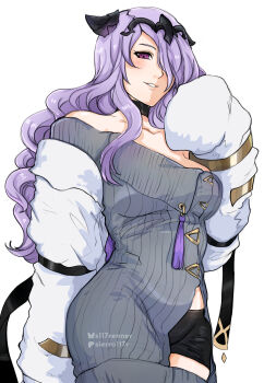 1girl absurdres alternate_costume breasts camilla_(fire_emblem) commentary cosplay english_commentary fate/grand_order fate_(series) fire_emblem fire_emblem_fates hair_over_one_eye highres large_breasts looking_at_viewer mrs._snake_(fate) mrs._snake_(fate)_(cosplay) nintendo purple_eyes purple_hair sierra117renner wavy_hair