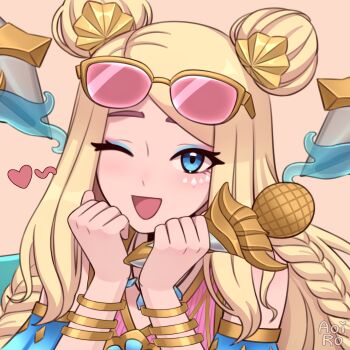 1girl ;d absurdres aoiro_arts artist_name bare_shoulders blue_eyes blue_eyeshadow blush bracelet braid cheek_tattoo clenched_hands commentary detached_sleeves double_bun english_commentary eyebrows_hidden_by_hair eyeshadow gift_art gold_bracelet gold_trim hair_bun hands_on_own_cheeks hands_on_own_face hands_up heart highres holding holding_microphone jewelry league_of_legends long_hair looking_at_viewer makeup microphone necklace one_eye_closed open_mouth orange_background pink_eyeshadow pink_shirt portrait seraphine_(league_of_legends) shirt sidelocks simple_background sleeveless sleeveless_shirt smile solo swept_bangs tattoo tongue twin_braids