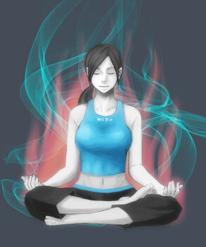 1girl ardha_padmasana aura barefoot black_hair capri_pants colored_skin crossed_legs grey_background half_lotus_position highres long_hair lotus_position meditation midriff navel nintendo pants ponytail sitougara sitting solo spandex straight-on tank_top white_skin wii_fit wii_fit_trainer wii_fit_trainer_(female) yoga