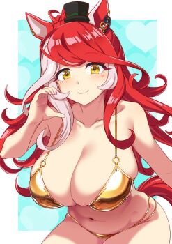 1girl animal_ears bikini blush closed_mouth collarbone commentary_request ear_ornament gold_bikini half-heart_hands horse_ears horse_girl horse_tail leaning_forward looking_at_viewer loves_only_you_(umamusume) multicolored_hair navel o-ring o-ring_bikini o-ring_top red_hair red_tail skindentation smile solo stomach swimsuit tail umamusume white_hair yellow_eyes zasshu_nigou
