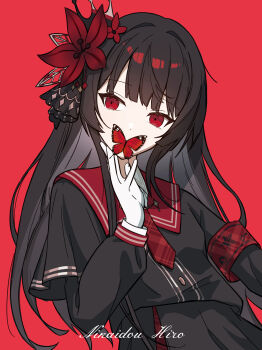 1girl absurdres armband black_hair black_shirt black_skirt bug butterfly chinese_commentary commentary_request english_text flower gloves hair_flower hair_ornament highres insect long_hair long_sleeves looking_at_viewer mahou_shoujo_no_majo_saiban necktie nikaido_hiro red_background red_eyes red_flower red_necktie sailor_collar school_uniform shirt simple_background skirt solo white_gloves yuyuu