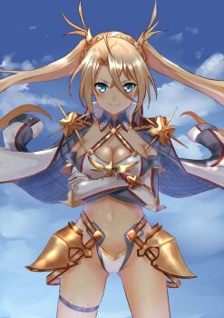 1girl armor art_itou bikini_armor blonde_hair blue_eyes blush bradamante_(fate) braid breasts cameltoe cleavage coat coat_on_shoulders crossed_arms crown_braid elbow_gloves fate/grand_order fate_(series) gloves gunbuster_pose hair_between_eyes highres hip_armor large_breasts long_hair looking_at_viewer open_clothes open_coat smile solo thigh_strap thighs twintails two-sided_coat two-sided_fabric warrior white_coat wing_collar