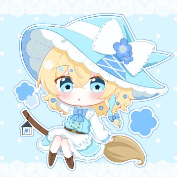 1girl alternate_color alternate_hair_color blonde_hair blue_bow blue_bowtie blue_eyes blue_flower blue_hair blue_hat blue_skirt blue_vest blush boots bow bowtie braid broom broom_riding brown_boots chibi chibi_only collared_shirt commentary flower frilled_shirt_collar frills hair_bow hat hat_bow hat_flower highres kirisame_marisa lantern long_hair long_sleeves looking_at_viewer multicolored_hair open_mouth shirt side_braid single_braid skirt solo touhou two-tone_hair vest white_bow witch_hat yamutarou