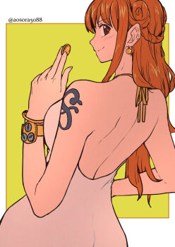 Rule 34 | 1girl, aosora2823, back, backless dress, backless outfit, bangle, bare shoulders, blush, border, bracelet, braid, breasts, brown eyes, closed mouth, coin, commentary, dress, earrings, from behind, gold coin, gold earrings, halterneck, hand up, highres, holding, holding coin, jewelry, log pose, long hair, looking at viewer, looking back, medium breasts, nami (one piece), official alternate costume, official alternate hairstyle, one piece, one piece film: gold, orange hair, outside border, pearl earrings, profile, shoulder tattoo, single sidelock, smile, solo, tattoo, twitter username, upper body, white border, white dress
