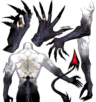arm_focus back back_focus black_scales black_skin colored_extremities colored_skin demon_boy demon_tail hand_focus hazbin_hotel hellaverse highres jewelry lucifer_morningstar_(hazbin_hotel) nightfar ring tail wedding_ring