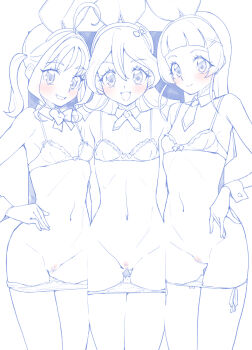 Rule 34 | 3girls, ahoge, animal ears, aokaze nana, blue theme, blush, bow, bow bra, bow panties, bowtie, bra, breasts, censored, cleft of venus, closed mouth, commentary, cowboy shot, crotch seam, detached collar, eighth note, fake animal ears, fortissimo, girl sandwich, gluteal fold, hair ornament, hairband, hand on own hip, highres, kimi to idol precure, large variant set, long hair, looking at viewer, medium hair, miyagoe yoshitsuki, monochrome, mosaic censoring, multiple girls, musical note, musical note hair ornament, necktie, open mouth, panties, panty pull, precure, pussy, rabbit ears, sakura uta (precure), sandwiched, shigure kokoro, side-by-side, side-tie panties, small breasts, smile, spot color, straight hair, thigh gap, tie tab, twintails, underwear, variant set, wrist cuffs, x hair ornament
