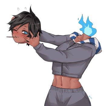 1girl abs artist_name black_hair blue_eyes blue_fire blush commentary dani_(kivo) dark-skinned_female dark_skin dullahan english_commentary fire flying_sweatdrops food food_in_mouth grey_hoodie highres holding holding_detached_head hood hoodie kivo navel original pocky pocky_in_mouth short_hair shy tomboy