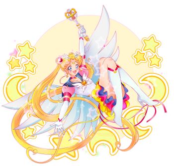 absurdres bishoujo_senshi_sailor_moon bishoujo_senshi_sailor_moon_stars blonde_hair blue_eyes blue_sailor_collar boots brooch choker crescent crescent_earrings crescent_facial_mark double_bun earrings elbow_gloves eternal_moon_article eternal_sailor_moon eternal_tiare facial_mark forehead_mark full_body gloves hair_bun hair_ornament heart heart_brooch highres jewelry layered_skirt long_hair magical_girl pink_sleeves puffy_short_sleeves puffy_sleeves sailor_collar sailor_moon sailor_senshi_uniform short_sleeves skirt star_(symbol) star_earrings teruhii tsukino_usagi twintails white_boots white_gloves wing_brooch wings
