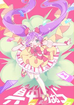 1girl :d ankle_bow ankle_ribbon blush_stickers bow card character_name coattails dress dress_bow floating_hair full_body green_eyes hand_up highres idol idol_clothes long_hair looking_at_viewer manaka_laala medium_dress multicolored_dress one_eye_closed open_mouth pink_bow pink_dress pink_shoes pretty_series pripara purple_hair ribbon shiono_soma shoes smile solo standing standing_on_one_leg straight-on striped_clothes striped_dress striped_thighhighs thighhighs treble_clef twintails v v-shaped_eyebrows vertical-striped_clothes vertical-striped_dress vertical-striped_thighhighs very_long_hair white_dress white_thighhighs wrist_bow yellow_bow yellow_dress