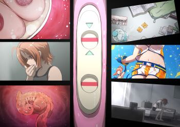 2girls absurdres ahoge black_border border bottle brown_hair commentary commission confetti embryo highres idolmaster idolmaster_cinderella_girls morning_sickness multiple_girls navel pill pixiv_commission pregnancy_test pregnant saito_yoko sitting stomach tomawarinosuizou wakabayashi_tomoka water_bottle