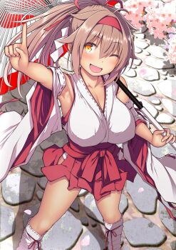 1girl absurdres armpits blush breasts brown_hair cleavage commentary_request detached_sleeves flower hair_flaps hair_ribbon hakama hakama_skirt headband highres holding holding_umbrella index_finger_raised japanese_clothes kantai_collection kuromayu large_breasts long_hair oil-paper_umbrella one_eye_closed open_mouth orange_eyes petals pink_flower ponytail red_hakama red_headband red_ribbon ribbon ribbon-trimmed_sleeves ribbon_trim shiratsuyu_(kancolle) shiratsuyu_kai_ni_(kancolle) skirt sleeveless solo standing umbrella wide_sleeves