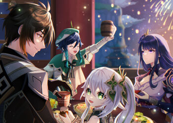 Rule 34 | 2boys, 2girls, arm up, armor, bare shoulders, blunt bangs, blurry, blurry background, bridal gauntlets, brown hair, chinese clothes, closed eyes, closed mouth, cloud, cloudy sky, commentary, cup, dress, fireworks, formal clothes, from side, genshin impact, green eyes, green hair, green hat, hair between eyes, hair ornament, happy, hat, holding, holding cup, japanese clothes, leaning forward, light particles, light smile, long hair, looking back, looking down, looking up, mole, mole under eye, multiple boys, multiple girls, nahida (genshin impact), neck ribbon, night, open mouth, orange eyes, outdoors, purple eyes, purple hair, raiden shogun, red ribbon, ribbon, saklo, shade, short hair, shoulder armor, side ponytail, sitting, sky, smile, suit, venti (genshin impact), very long hair, zhongli (genshin impact)