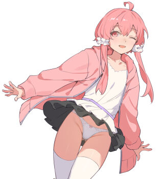 1girl ahoge alternate_eye_color alternate_hair_color blush camisole clothes_lift flat_chest gluteal_fold highres jacket looking_at_viewer one_eye_closed open_clothes open_jacket open_mouth panties pink_eyes pink_hair pink_jacket skirt skirt_lift smile solo thigh_gap thighhighs underwear vocaloid voiceroid white_panties white_thighhighs wind wind_lift yamamomo_(plank) yuzuki_yukari