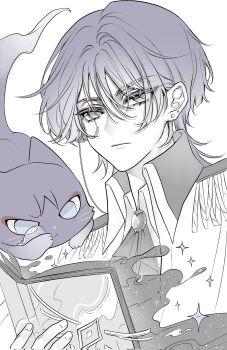 1boy alternate_costume animal animal_on_shoulder animalization ascot bishounen blunt_ends book brooch cat cat_on_shoulder closed_mouth earrings epaulettes expressionless eyelashes eyeliner fingernails formal_clothes genshin_impact ghost glint hacwss highres holding holding_book jewelry looking_at_viewer makeup male_focus monochrome muted_color open_book person_and_animalization portrait red_eyeliner scaramouche_(cat)_(genshin_impact) scaramouche_(genshin_impact) solo tsurime white_background wing_collar wispy_bangs