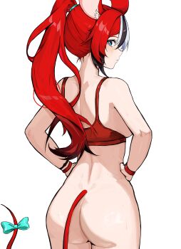 1girl absurdres alternate_costume animal_ear_fluff animal_ears ass black_hair blue_bow blue_eyes bow bracelet breasts bright_pupils commentary cowboy_shot from_behind hair_tie hakos_baelz hands_on_own_hips highres hololive hololive_english jewelry long_hair looking_at_viewer looking_back mouse_ears mouse_girl mouse_tail multicolored_hair ponytail red_hair red_sports_bra sideboob simple_background sports_bra standing streaked_hair sweat tail tail_bow tail_ornament ttsyrene virtual_youtuber white_background white_hair white_pupils