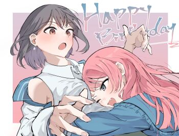 2girls bang_dream! bang_dream!_it&#039;s_mygo!!!!! between_breasts blue_jacket blush border breasts brown_eyes chihaya_anon commentary earrings fang grey_eyes grey_hair happy_birthday hashtag-only_commentary highres hug jacket jewelry lilachinami long_hair multiple_girls open_mouth outside_border pink_jacket shirt short_hair takamatsu_tomori white_border white_shirt yuri