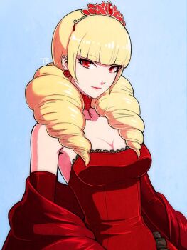Rule 34 | 1girl, bare shoulders, blonde hair, choker, closed mouth, crown, dress, drill hair, earrings, female focus, jewelry, long hair, looking at viewer, mini crown, red dress, red eyes, rose bernstein, smile, snk, solo, tb (spr1110), the king of fighters, twin drills, twintails