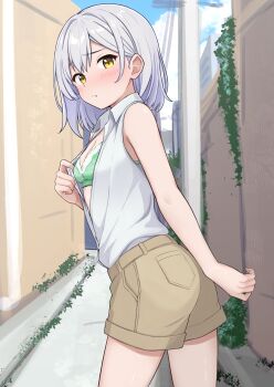 1girl :/ absurdres bare_shoulders blush bra breasts brown_shorts cityscape clothes_pull collared_shirt cowboy_shot day dot_nose double-parted_bangs exhibitionism green_bra grey_shirt hair_between_eyes highres looking_at_viewer looking_back orange_eyes original outdoors public_indecency pulling_own_clothes purple_hair raised_inner_eyebrows raraserara shirt shirt_pull short_hair shorts sidelocks sketch_background small_breasts solo thighs underwear