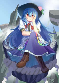 1girl absurdres artist_name black_hat blue_hair blue_skirt blush boots bow bowtie brown_boots crossed_legs float food fruit full_body hat highres hinanawi_tenshi knee_boots lace-up_boots leaf long_hair looking_at_viewer peach puffy_sleeves red_bow red_bowtie red_eyes rock rope shirt short_sleeves sitting skirt smile solo touhou yorange17